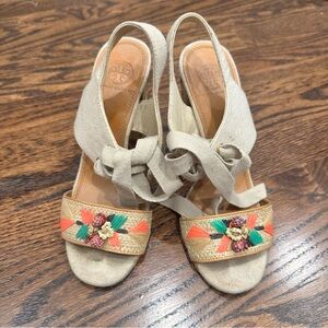 Tory Burch 8.5 Linen Embellished Lace Up Sandals